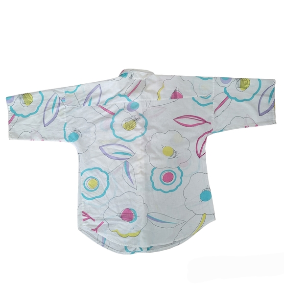 Vintage 80s white button down shirt with pink and blue flowers large - Picture 4 of 12